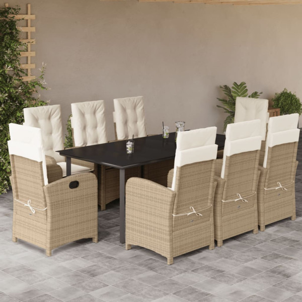Set comedor de jardín 9 pzas con cojines ratán sintético beige D