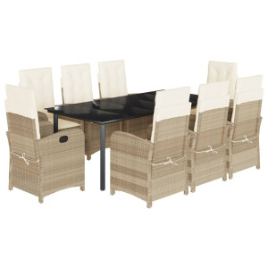 9 pcs conjunto de jantar p/ jardim com almofadões vime PE bege H