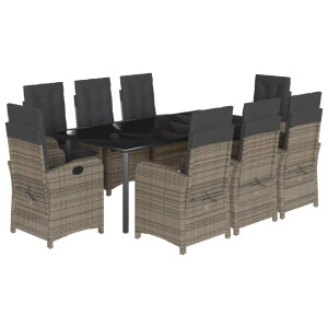 9 pcs conjunto de jantar p/ jardim c/ almofadões vime PE cinza H