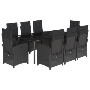 9 pcs conjunto de jantar p/ jardim c/ almofadões vime PE preto H