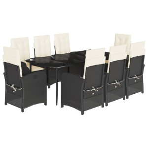 9 pcs conjunto de jantar p/ jardim c/ almofadões vime PE preto H