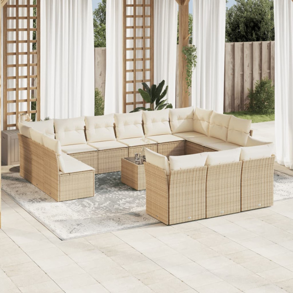 Set sofás de jardín 14 pzas con cojines ratán sintético beige D