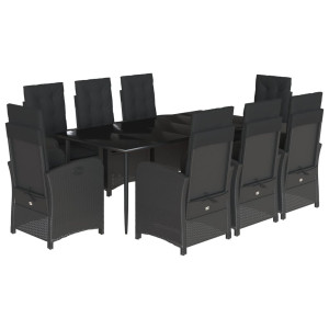 9 pcs conjunto de jantar p/ jardim c/ almofadões vime PE preto H