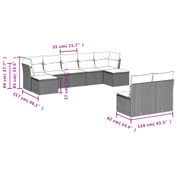 9 pcs conjunto sofás p/ jardim com almofadões vime PE cinzento M 3