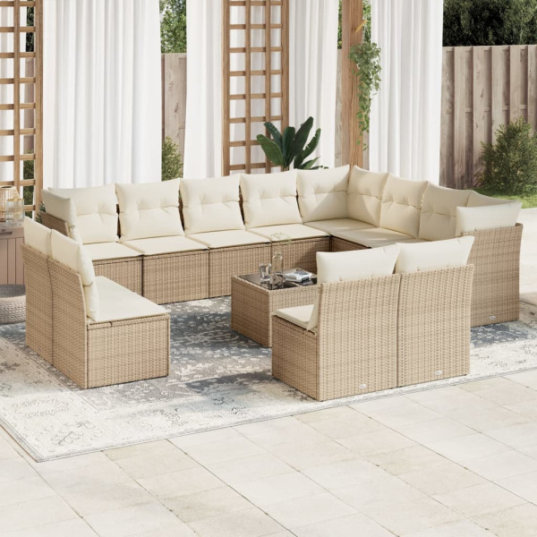 Set sofás de jardín con cojines 13 pzas ratán sintético beige D