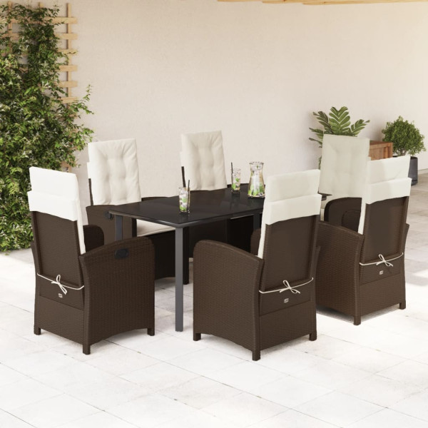 Set comedor de jardín 7 pzas con cojines ratán sintético marrón D