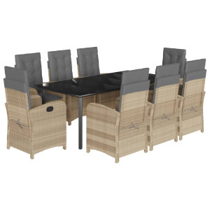 9 pcs conj. jantar jardim c/ almofadões vime PE bege misturado H