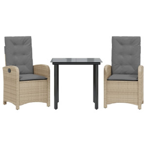3 pcs conj. jantar jardim c/ almofadões vime PE bege misturado H