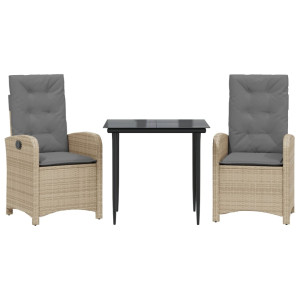 3 pcs conj. jantar jardim c/ almofadões vime PE bege misturado H
