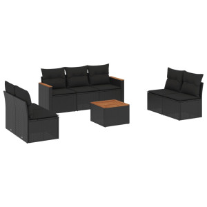 8 pcs conjunto sofás de jardim com almofadões vime PE preto H
