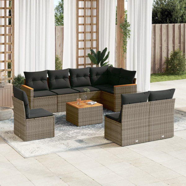 9 pcs conjunto sofás p/ jardim com almofadões vime PE cinzento D