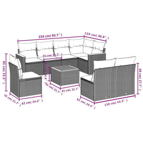 9 pcs conjunto sofás p/ jardim com almofadões vime PE cinzento M 3