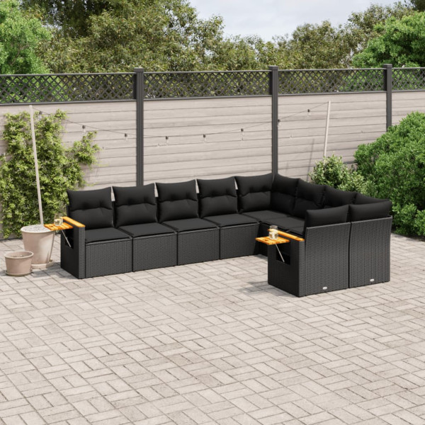 9 pcs conjunto de sofás p/ jardim c/ almofadões vime PE preto D