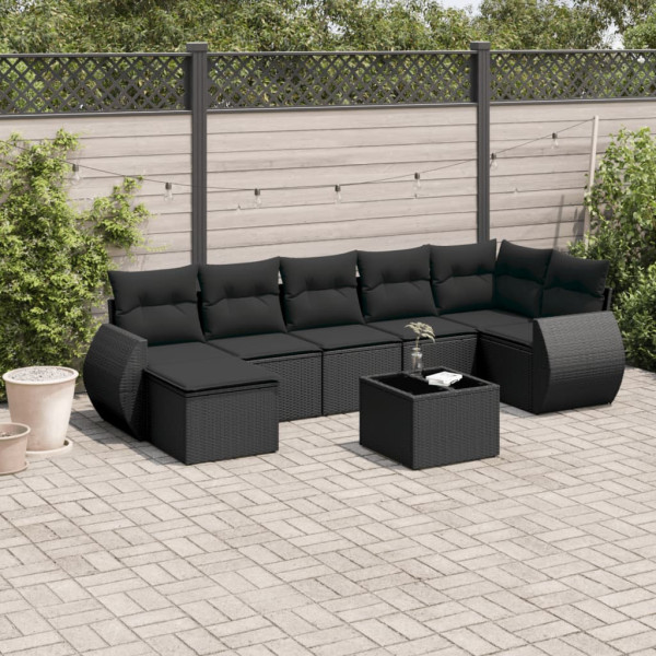 8 pcs conjunto sofás de jardim com almofadões vime PE preto D