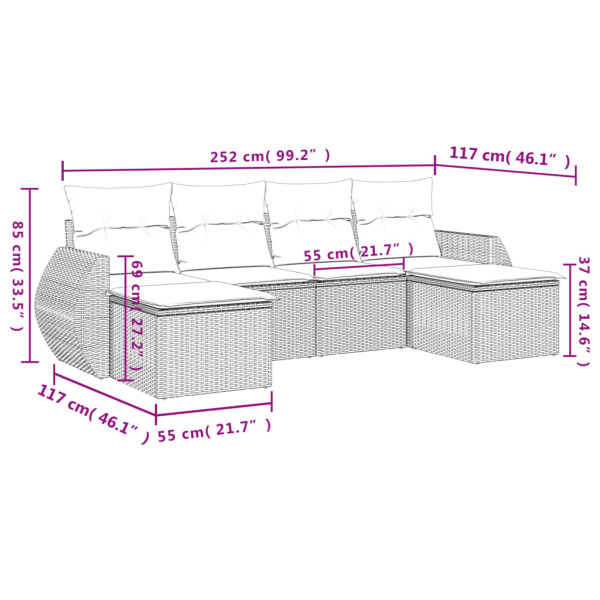 Set de muebles de jardín 6 pzas y cojines ratán sintético gris M 3