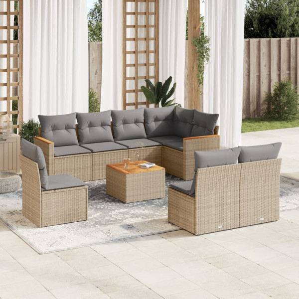 Set de sofás de jardín 9 pzas con cojines ratán sintético beige D