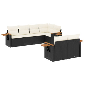 7 pcs conjunto de sofás p/ jardim c/ almofadões vime PE preto H