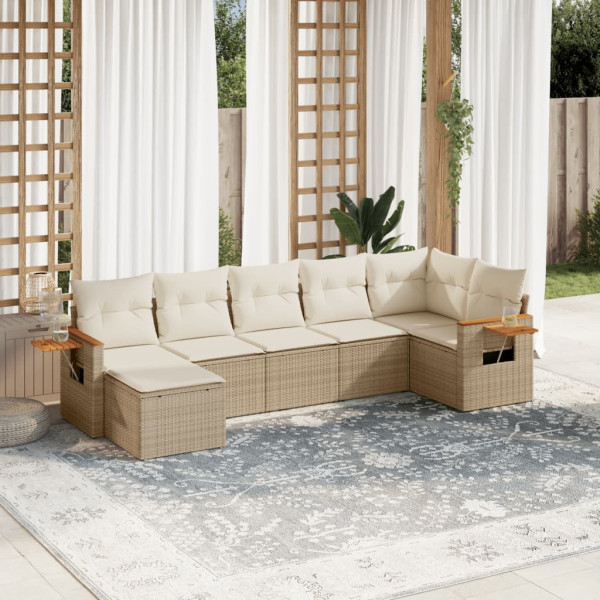 Set sofás de jardín 7 piezas y cojines ratán sintético beige D