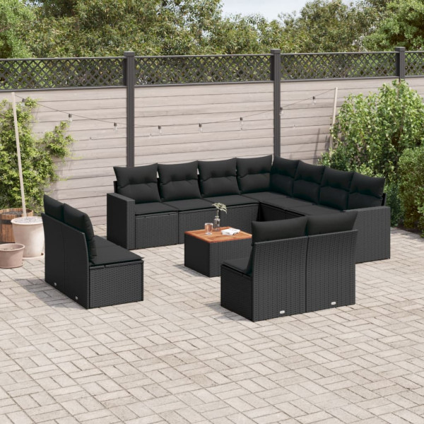 12 pcs conjunto de sofás de jardim c/ almofadões vime PE preto D