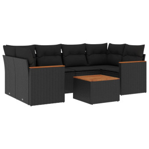 7 pcs conjunto de sofás p/ jardim c/ almofadões vime PE preto H