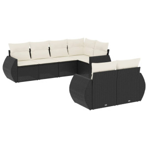 7 pcs conjunto de sofás p/ jardim c/ almofadões vime PE preto H
