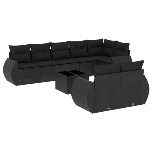 9 pcs conjunto de sofás p/ jardim c/ almofadões vime PE preto H