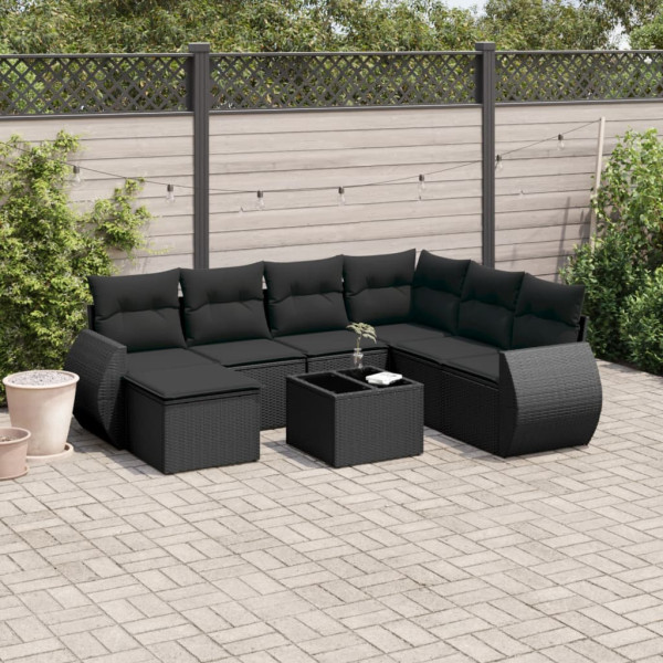 8 pcs conjunto sofás de jardim com almofadões vime PE preto D