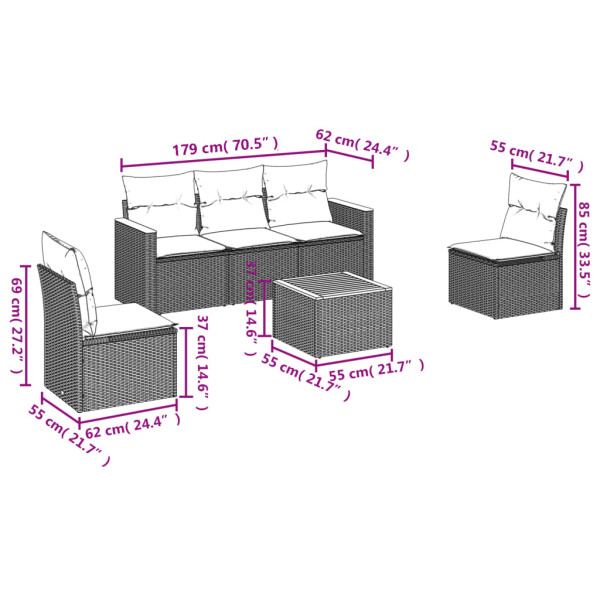Set de muebles de jardín 6 pzas y cojines ratán sintético gris M 3