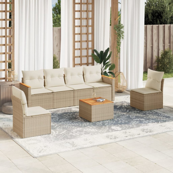 Set sofás de jardín 7 piezas y cojines ratán sintético beige D