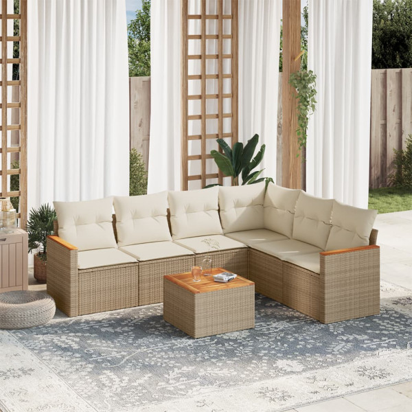 Set sofás de jardín 7 piezas y cojines ratán sintético beige D