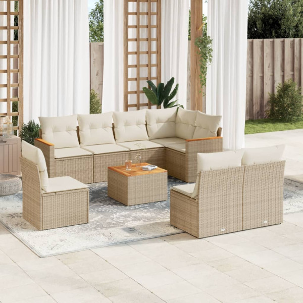 Set de sofás de jardín 9 pzas con cojines ratán sintético beige D