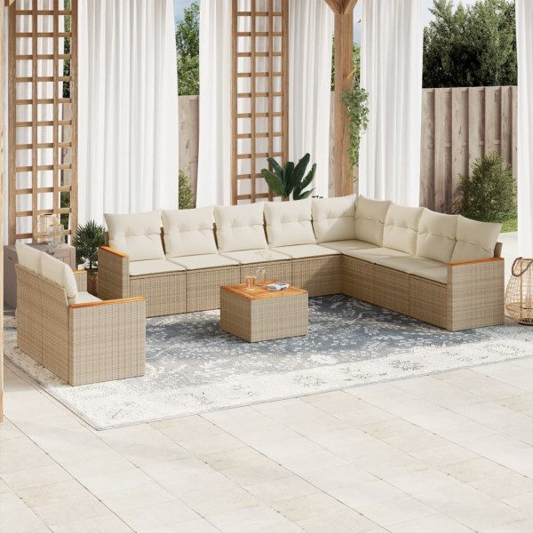 11 pcs conjunto sofás de jardim c/ almofadões vime PE bege D