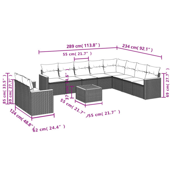 11 pcs conjunto sofás de jardim c/ almofadões vime PE bege M 3