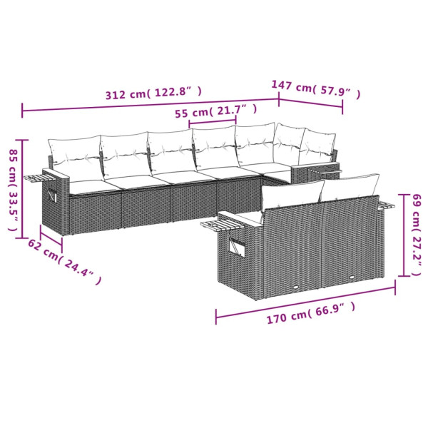 8 pcs conjunto de sofás p/ jardim com almofadões vime PE bege M 3