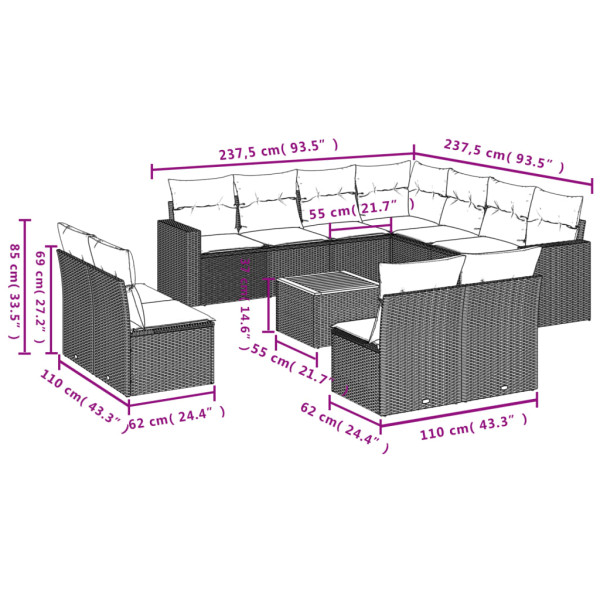 12 pcs conjunto de sofás p/ jardim com almofadões vime PE bege M 3