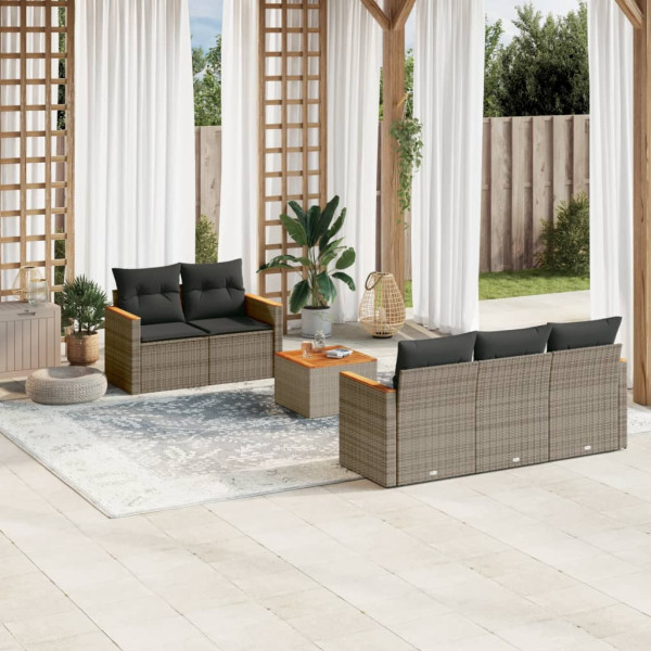 Set de muebles de jardín 6 pzas y cojines ratán sintético gris D