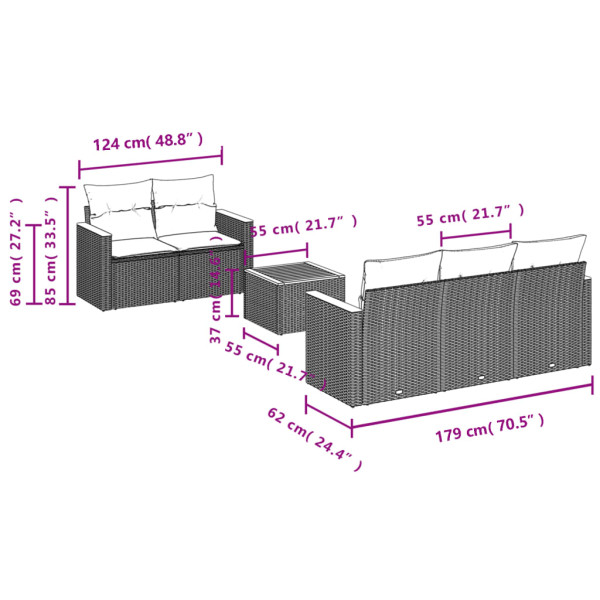 Set de muebles de jardín 6 pzas y cojines ratán sintético gris M 3