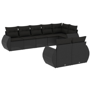 8 pcs conjunto sofás de jardim com almofadões vime PE preto H