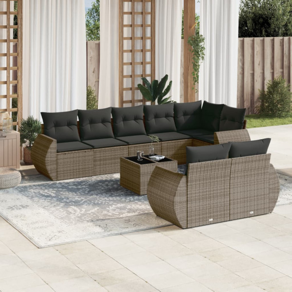9 pcs conjunto sofás p/ jardim com almofadões vime PE cinzento D