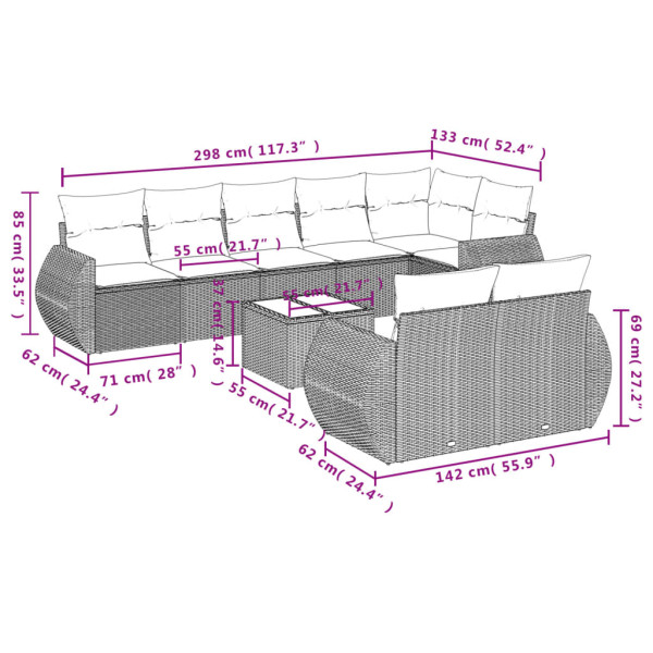 Set de muebles de jardín 9 pzas y cojines ratán sintético gris M 3