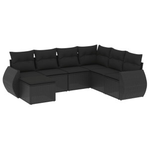 7 pcs conjunto de sofás p/ jardim c/ almofadões vime PE preto H