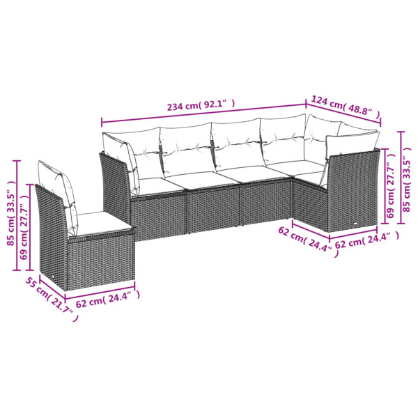6 pcs conjunto sofás de jardim com almofadões vime cinzento M 3