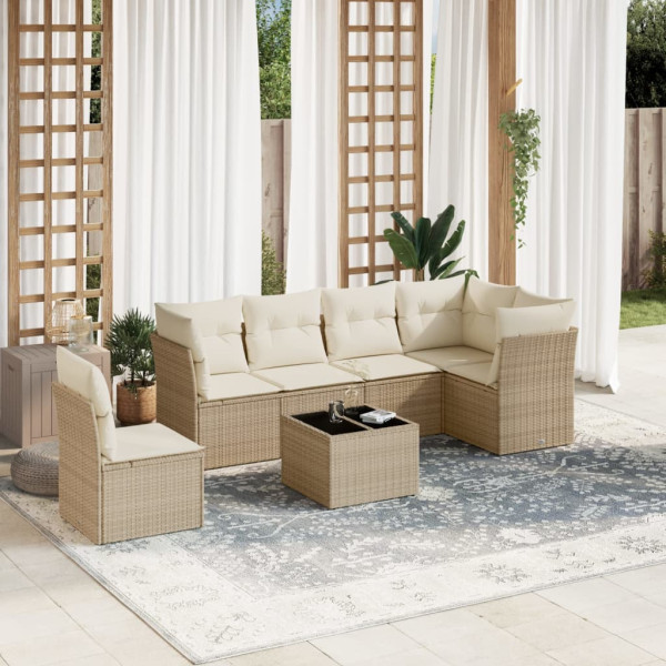 Set sofás de jardín 7 piezas y cojines ratán sintético beige D