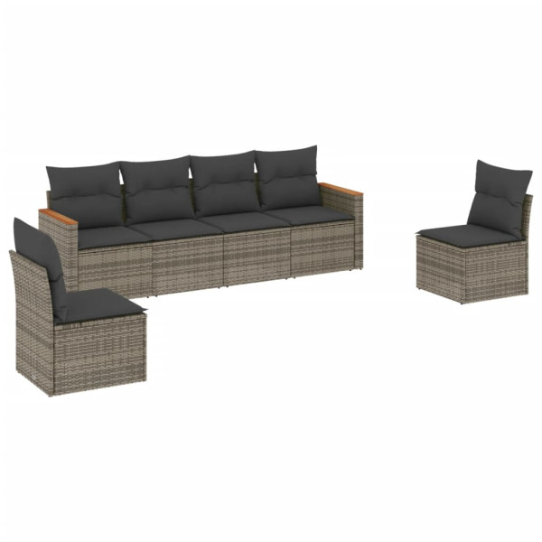 Set de muebles de jardín 6 pzas y cojines ratán sintético gris M 2
