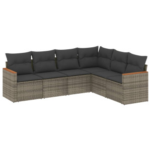 6 pcs conjunto sofás de jardim com almofadões vime cinzento H