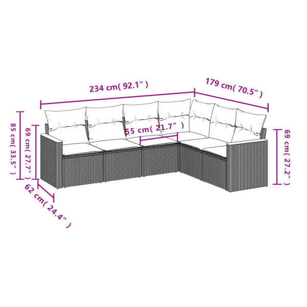 Set de muebles de jardín 6 pzas y cojines ratán sintético gris M 3