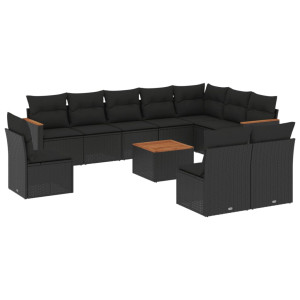 11 pcs conjunto sofás de jardim c/ almofadões vime PE preto H