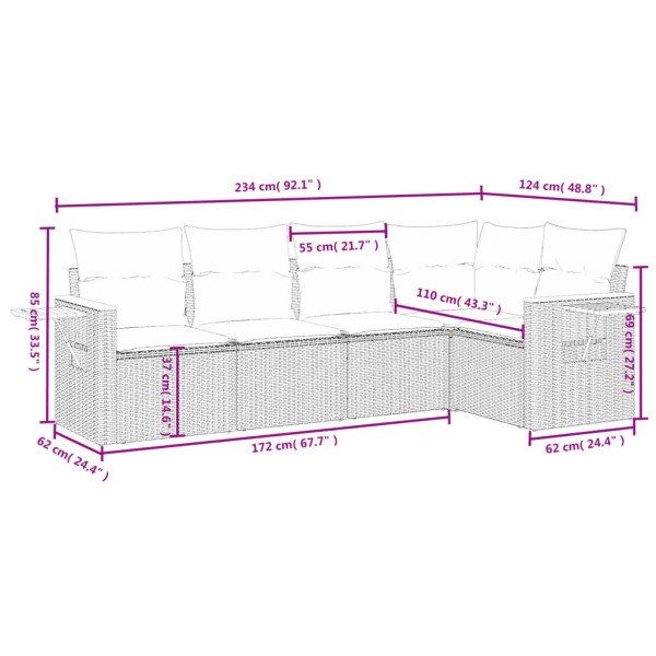 5 pcs conjunto sofás de jardim com almofadões vime PE preto M 3