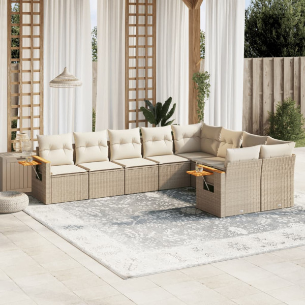 Set de sofás de jardín 9 pzas con cojines ratán sintético beige D