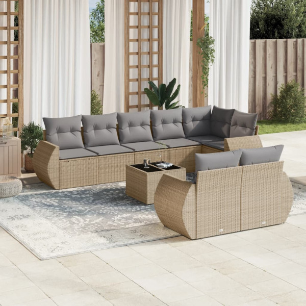 Set de sofás de jardín 9 pzas con cojines ratán sintético beige D